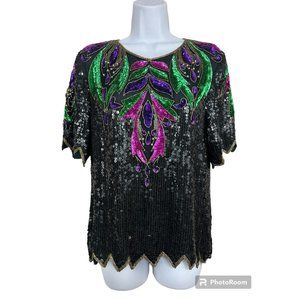 Vtg 80s Beaded Sequin Top Sz Small Black Jewel Tones S Mob Wife Festive Glam
